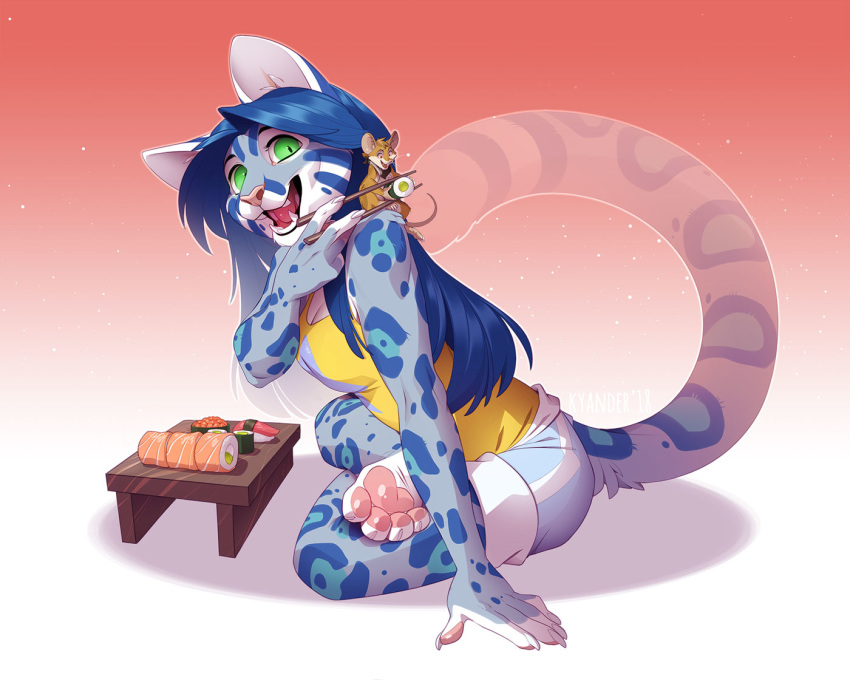 2018 5_fingers anthro barefoot blue_fur blue_hair cat clothed clothing digital_media_(artwork) duo feline female fur green_eyes hair kyander mammal mouse open_mouth rodent simple_background smile teeth tongue