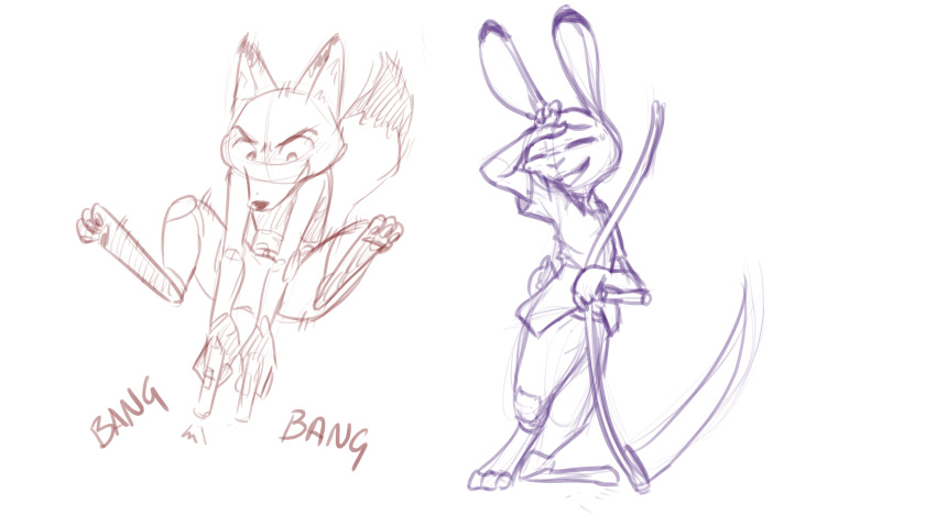 2018 anthro barefoot bulletproof_vest canine clothed clothing dipstick_ears dipstick_tail disney dual_wielding duo english_text female fox gun handgun holding_object holding_weapon ittybittykittytittys judy_hopps lagomorph leaning male mammal melee_weapon midair multicolored_tail multiple_images nick_wilde pawpads pistol polearm police_uniform rabbit ranged_weapon scythe shooting simple_background sound_effects sweat sweatdrop text uniform weapon white_background zootopia