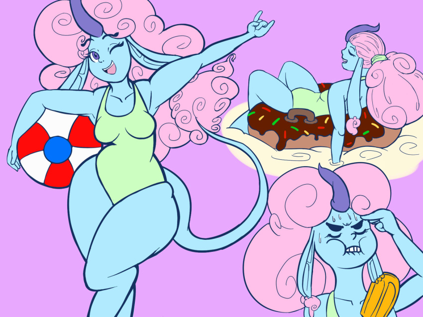 anthro bo_cotton brain_freeze candicorn clothed clothing decentperversion doughnut female floatie food looking_at_viewer open_mouth simple_background solo swimsuit