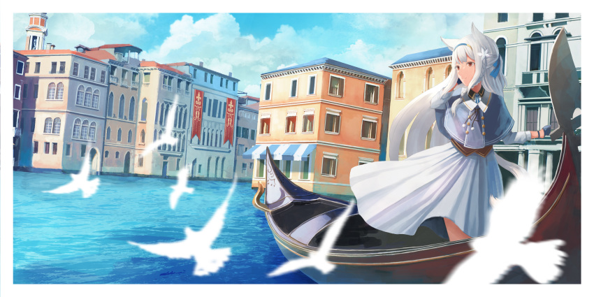 absurdres animal_ears bird black_gloves blue_sky blush closed_mouth day dove eyebrows_visible_through_hair fantasy flock gloves gondola highres long_hair looking_away original outdoors red_eyes sagiri_(ulpha220) scenery sky smile solo very_long_hair water white_hair