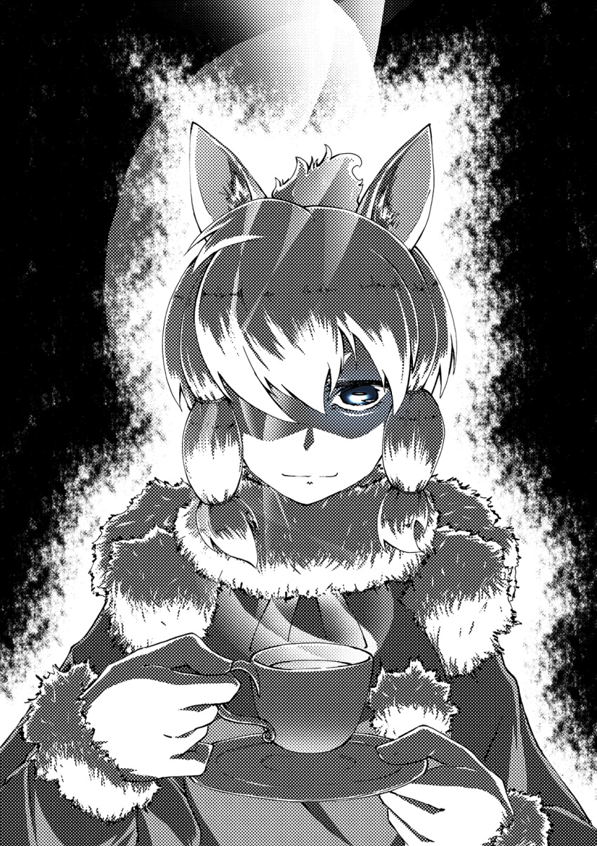 alpaca_ears alpaca_suri_(kemono_friends) animal_ears aura bangs blue_eyes closed_mouth coat commentary cup fur-trimmed_sleeves fur_collar fur_trim greyscale hair_over_one_eye halftone highres holding kaya_(nari1-24) kemono_friends long_sleeves looking_at_viewer monochrome saucer short_hair sidelocks smile solo spot_color standing steam teacup upper_body