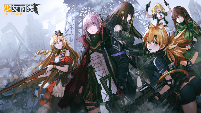 ahoge american_flag animal_ears aqua_eyes ar-15 arm_guards arm_strap armband armor ass assault_rifle bangs bare_shoulders black_jacket black_legwear blonde_hair blue_eyes blush breasts brown_eyes brown_hair bushman_idw camouflage_cloak cat_ears cat_tail character_name cityscape cleavage cloak closed_mouth clothes_around_waist detached_sleeves dress drill_locks dual_wielding elbow_pads expressionless fang fingerless_gloves floating_hair fn-49 fn-49_(girls_frontline) gas_mask girls_frontline gloves green_eyes green_jacket gun hair_between_eyes hair_ornament hairclip handgun hands_up hat headphones headset highres holding holding_gun holding_weapon idw_(girls_frontline) infukun jacket jacket_around_waist large_breasts load_bearing_vest logo long_hair long_sleeves looking_at_viewer low_twintails m1911 m1911_(girls_frontline) m4_carbine m4a1_(girls_frontline) magazine_(weapon) magpul military military_uniform mod3_(girls_frontline) multicolored_hair multiple_girls necktie official_art open_clothes open_jacket open_mouth orange_eyes pantyhose parker-hale_idw parted_lips pink_hair pistol pleated_skirt ponytail pouch red_eyes ribbed_sweater rifle ruins scope shirt short_hair short_shorts short_sleeves shorts sidelocks single_thighhigh skirt smile st_ar-15_(girls_frontline) streaked_hair submachine_gun sweater sweater_vest tactical_clothes tail thigh_strap thighhighs thighs torn_clothes trigger_discipline twintails type_64_(girls_frontline) type_64_smg uniform very_long_hair vest weapon white_legwear white_shirt white_skirt