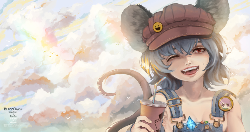 ;d alternate_costume animal_ears arm_at_side artist_name badge bangs bare_shoulders beret bird blizzomos breasts brown_hat cloud cloudy_sky collarbone cup day drinking_glass drinking_straw eyelashes fangs fingernails gem glint grey_hair hair_between_eyes hand_up hat head_tilt highres holding holding_cup lips long_fingernails looking_at_viewer mouse_ears mouse_tail mug naked_overalls nazrin nose one_eye_closed open_mouth outdoors overalls red_eyes revision short_hair sky small_breasts smile solo suspenders tail teeth tongue touhou upper_body