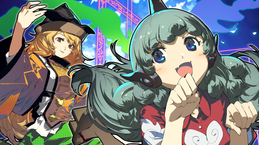 black_hat blonde_hair blush breasts brown_eyes cloud_print curly_hair detached_sleeves geta green_hair green_skirt hat highres horn kariyushi_shirt komainu komano_aun long_hair long_sleeves masa_(masa-koba) matara_okina multiple_girls open_mouth outstretched_arms paw_pose red_shirt shirt skirt smile spread_arms tabard touhou wide_sleeves yellow_eyes