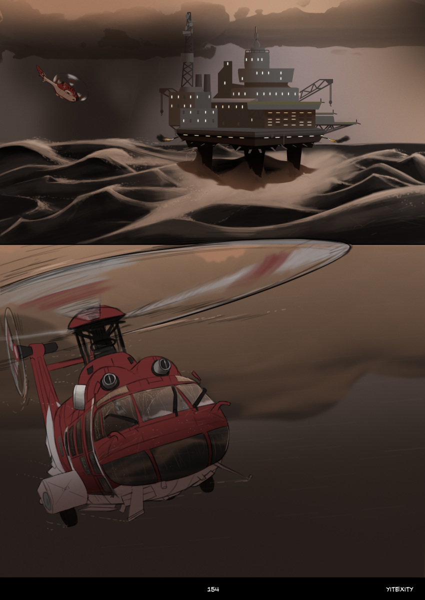2019 aircraft comic helicopter motion_lines oil_rig outside raining sea water yitexity zero_pictured