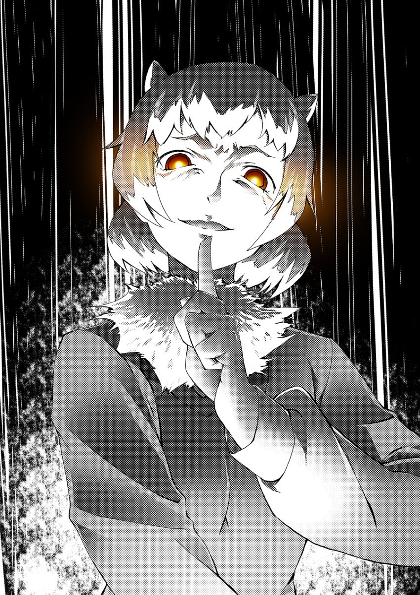 animal_ears aura bangs black-tailed_prairie_dog_(kemono_friends) commentary dark_aura evil_smile finger_to_mouth fur_collar glowing glowing_eyes greyscale halftone highres kaya_(nari1-24) kemono_friends long_sleeves looking_at_viewer monochrome orange_eyes pointing pointing_up prairie_dog_ears short_hair shushing smile solo standing upper_body yellow_eyes