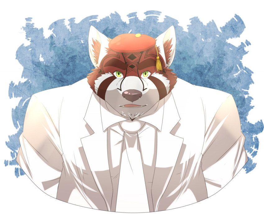 anthro brown_fur bust_portrait clothed clothing fur green_eyes hat inner_ear_fluff looking_at_viewer mammal necktie open_mouth peter_gabriel portrait red_panda rikitsu sherman_"sorbet"_bachelor simple_background solo suit textured_background white_suit