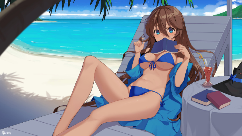artist_request bare_legs beach bikini blue_eyes blue_skirt blurry blush book bow breasts brown_hair chair copyright_request day depth_of_field drinking_straw eyebrows_visible_through_hair front-tie_bikini front-tie_top hair_between_eyes hair_twirling hat hat_bow hat_removed headwear_removed highres horizon large_breasts looking_at_viewer lounge_chair lying navel on_back open_book outdoors palm_tree reclining side-tie_bikini skirt sweat swimsuit tree underboob