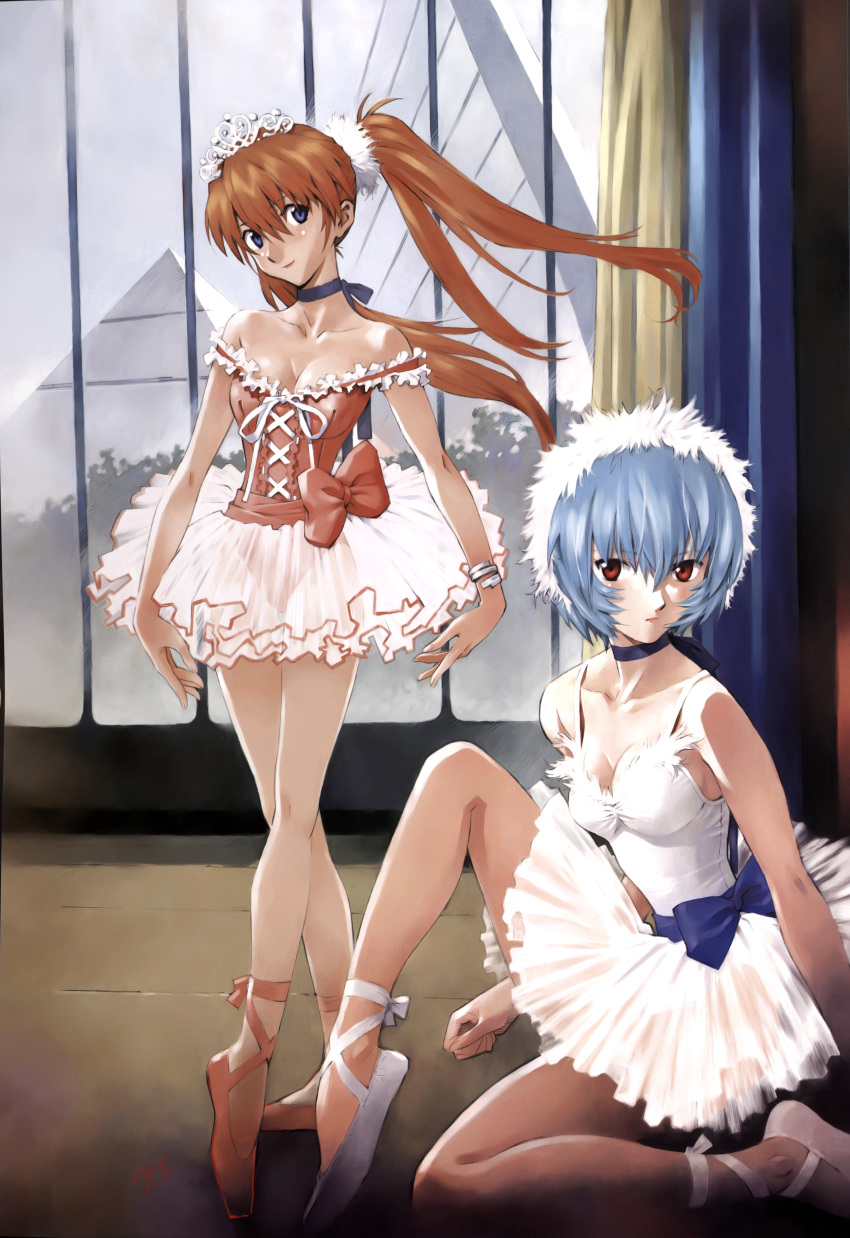 2girls ayanami_rei ballerina ballet ballet_slippers bare_legs bare_shoulders blue_eyes blue_hair breasts choker cleavage dress female frills hairband highres legs long_hair looking_at_viewer multiple_girls neon_genesis_evangelion orange_hair red_eyes sadamoto_yoshiyuki scan shiny shoe_ribbon short_hair sitting sky smile soryu_asuka_langley strap_slip tiara tutu twintails white_dress