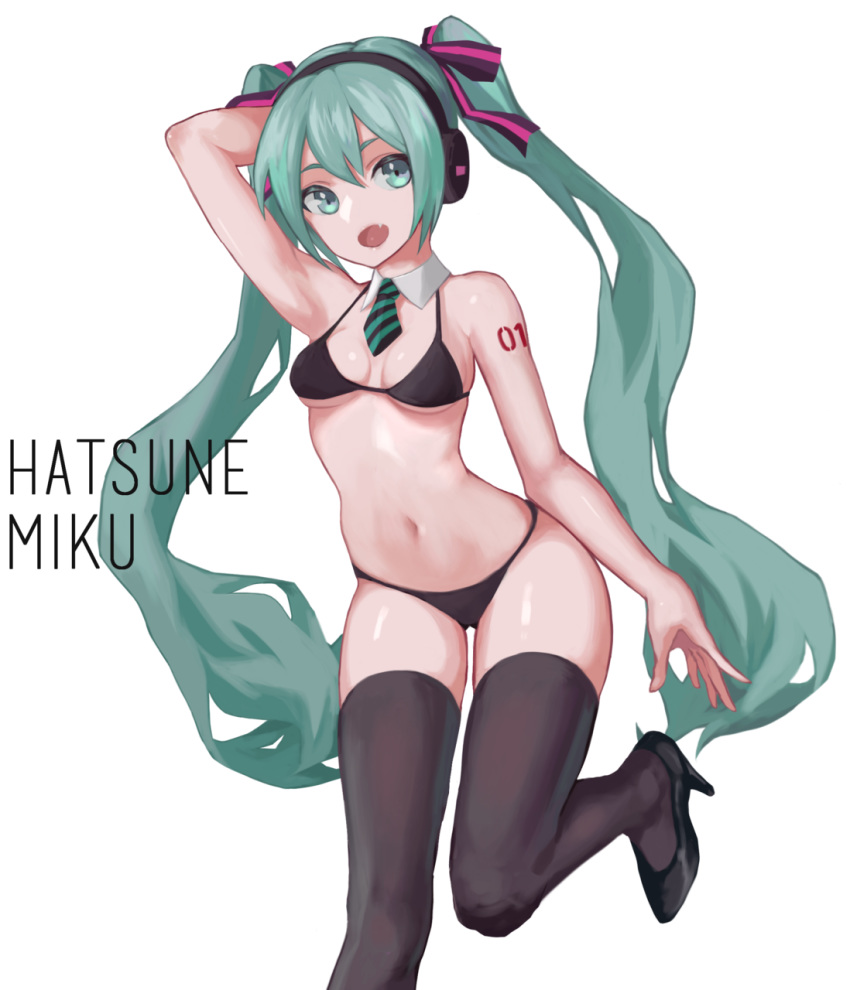 arm_up ass_visible_through_thighs bikini black_bikini black_footwear black_legwear cancell character_name collar fang green_eyes green_hair hair_ornament hatsune_miku headphones high_heels highres long_hair navel necktie open_mouth shoes simple_background solo swimsuit tattoo thighhighs twintails very_long_hair vocaloid white_background