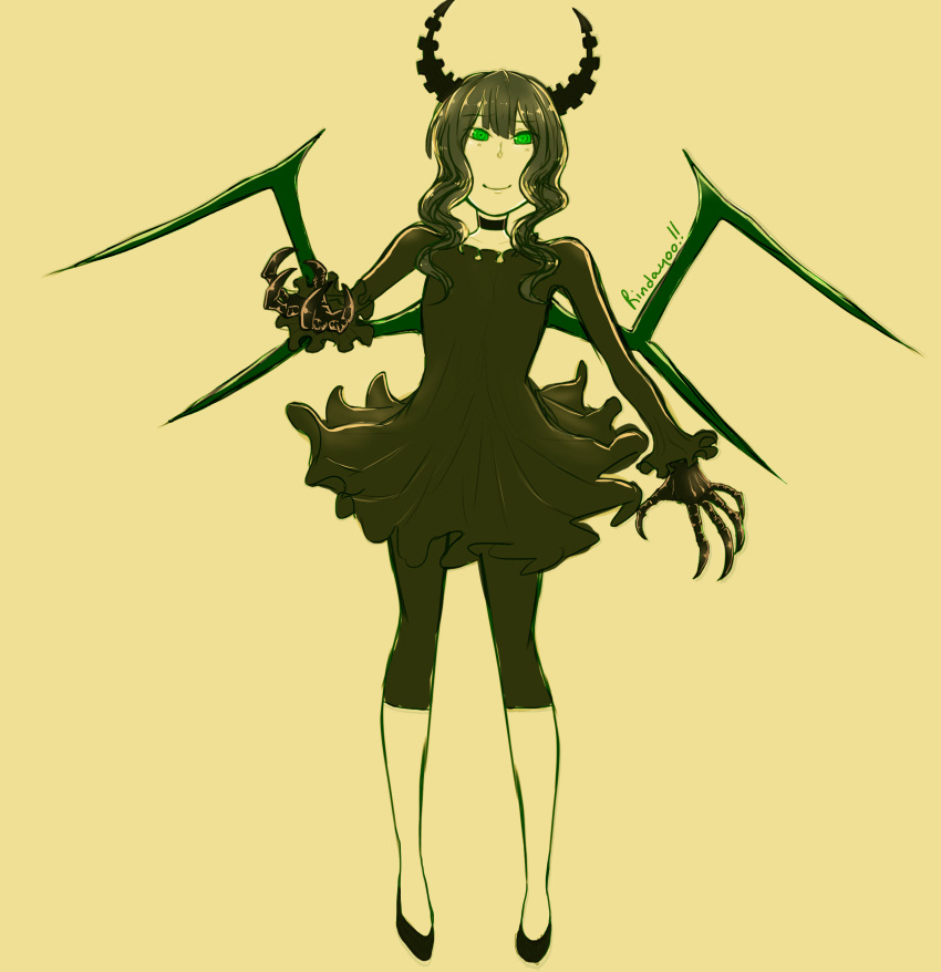 black_dress black_hair black_rock_shooter bone_wings choker claws dead_master dress frilled_dress frills green highres horns looking_at_viewer pumps rinday00 smile wavy_hair