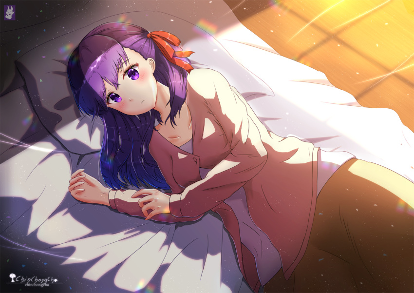 1girl artist_name bed_sheet blush brown_skirt chinchongcha fate/grand_order fate/stay_night fate_(series) hair_ribbon heaven's_feel indoors jacket logo long_hair long_sleeves looking_at_viewer lying matou_sakura on_bed on_side pillow pink_jacket purple_eyes purple_hair red_ribbon ribbon skirt solo