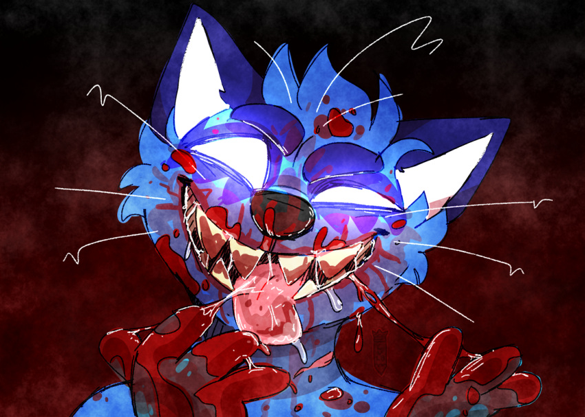 2018 anthro black_nose blood blood_around_mouth bloody_mouth canine crownedvictory feline female fox glowing glowing_eyes gore looking_at_viewer mammal open_mouth sharp_teeth simple_background smile tailskemon teeth tongue tongue_out