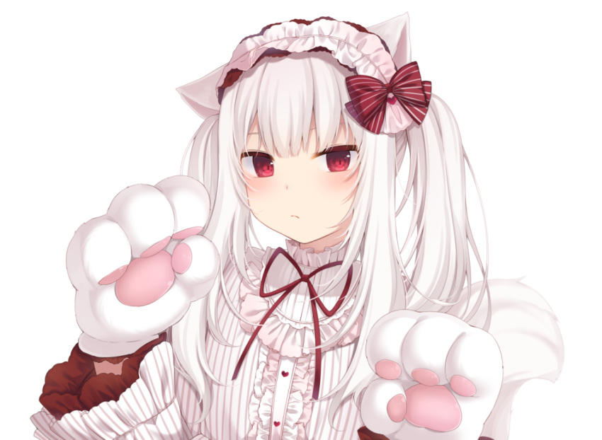 amashiro_natsuki animal_ears bangs blouse blush breasts cat_ears cat_girl cat_tail commentary_request gloves hairband lolita_hairband long_hair looking_at_viewer original paw_gloves paws red_eyes sidelocks simple_background small_breasts solo tail twintails upper_body white_background white_hair