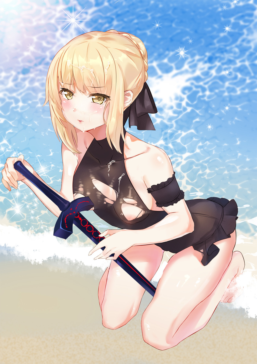 absurdres arm_strap artoria_pendragon_(all) artoria_pendragon_(swimsuit_rider_alter) asura_(moepeach) bare_shoulders beach bikini black_bikini black_ribbon blonde_hair blush braid breasts dark_excalibur eyebrows_visible_through_hair fate/grand_order fate_(series) highres looking_at_viewer ribbon short_hair small_breasts swimsuit torn_clothes torn_swimsuit water wet yellow_eyes