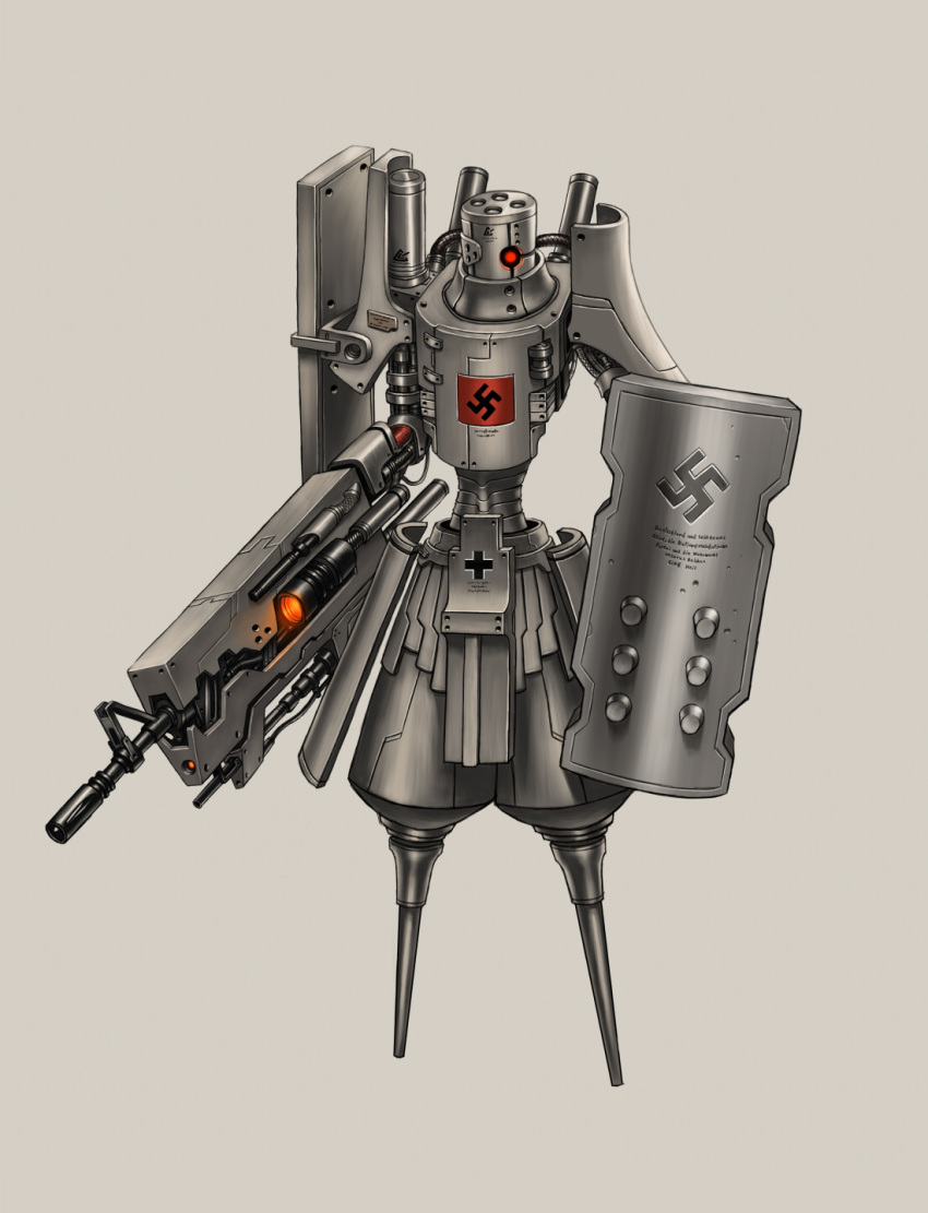 commentary_request gia glowing glowing_eye grey_background gun highres mecha nazi no_humans original shield simple_background solo standing swastika weapon