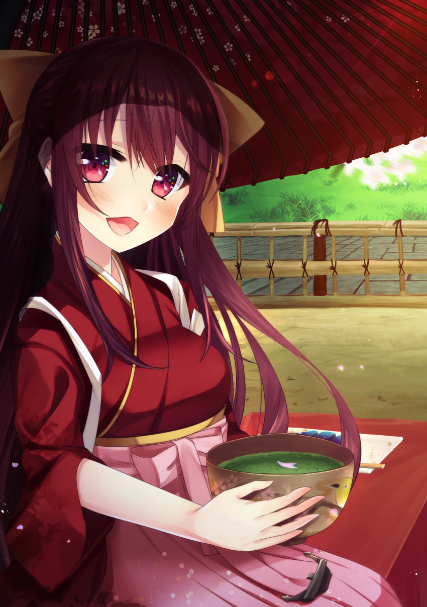 bow bowl cherry_blossoms commentary_request fence food green_tea hakama highres japanese_clothes kamikaze_(kantai_collection) kantai_collection kimono long_hair looking_at_viewer meiji_schoolgirl_uniform open_mouth oriental_umbrella petals pink_hakama purple_hair red_eyes red_kimono red_umbrella sitting skewer smile solo tasuki tea tsukumo_matoro umbrella wagashi yellow_bow youkan_(food)