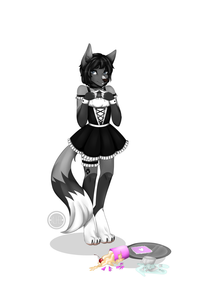 2017 anthro canine clothed clothing cute digital_media_(artwork) food fox girly grey_fox hair hi_res jessusia looking_at_viewer maid_uniform male mammal simple_background smile solo standing tattoo uniform vik_hollow