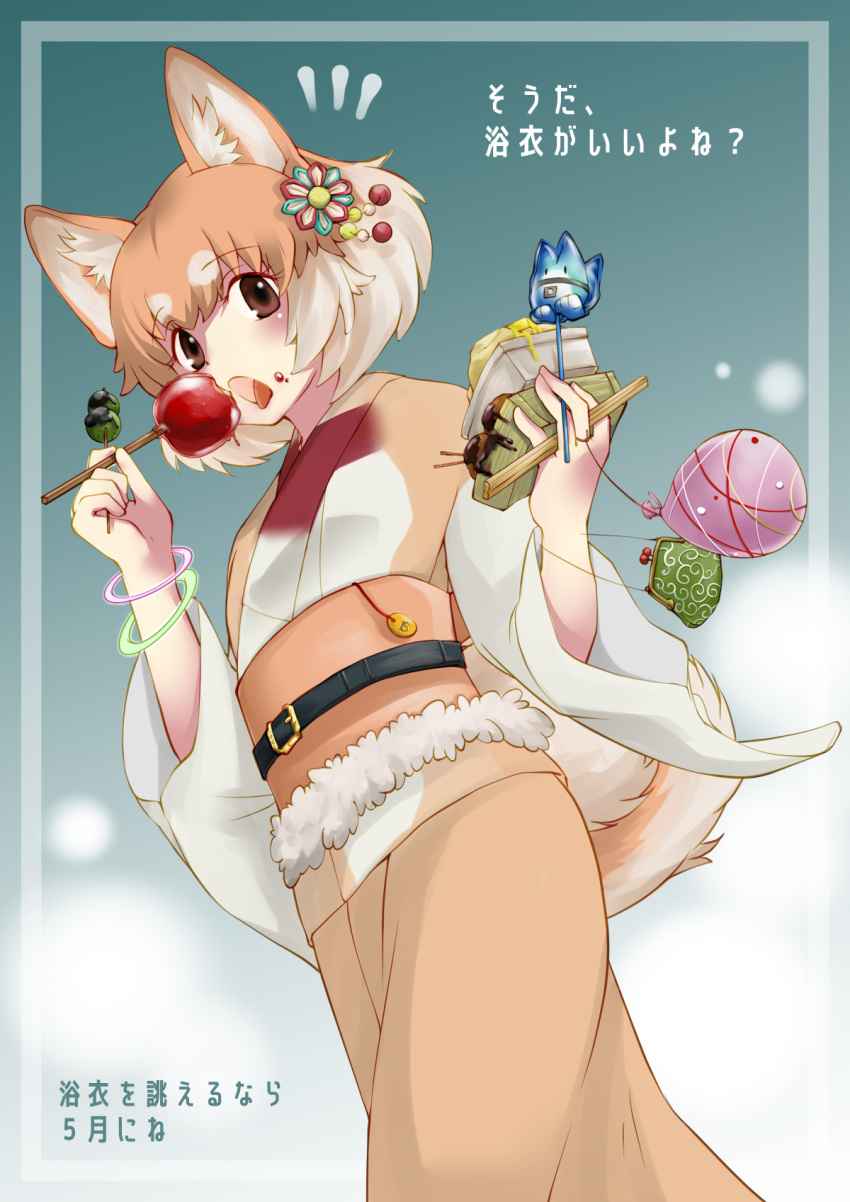 alternate_costume animal_ears belt box brown_eyes brown_hair butter candy_apple chiki_yuuko chopsticks coin_purse commentary_request dango dog_(kemono_friends) dog_ears dog_tail eyebrows_visible_through_hair food food_on_face hair_ornament highres japanese_clothes japari_symbol kemono_friends kimono looking_at_viewer lucky_beast_(kemono_friends) multicolored_hair open_mouth potato skewer solo tail takoyaki tongue tongue_out translation_request two-tone_hair wagashi water_yoyo white_hair wide_sleeves yukata