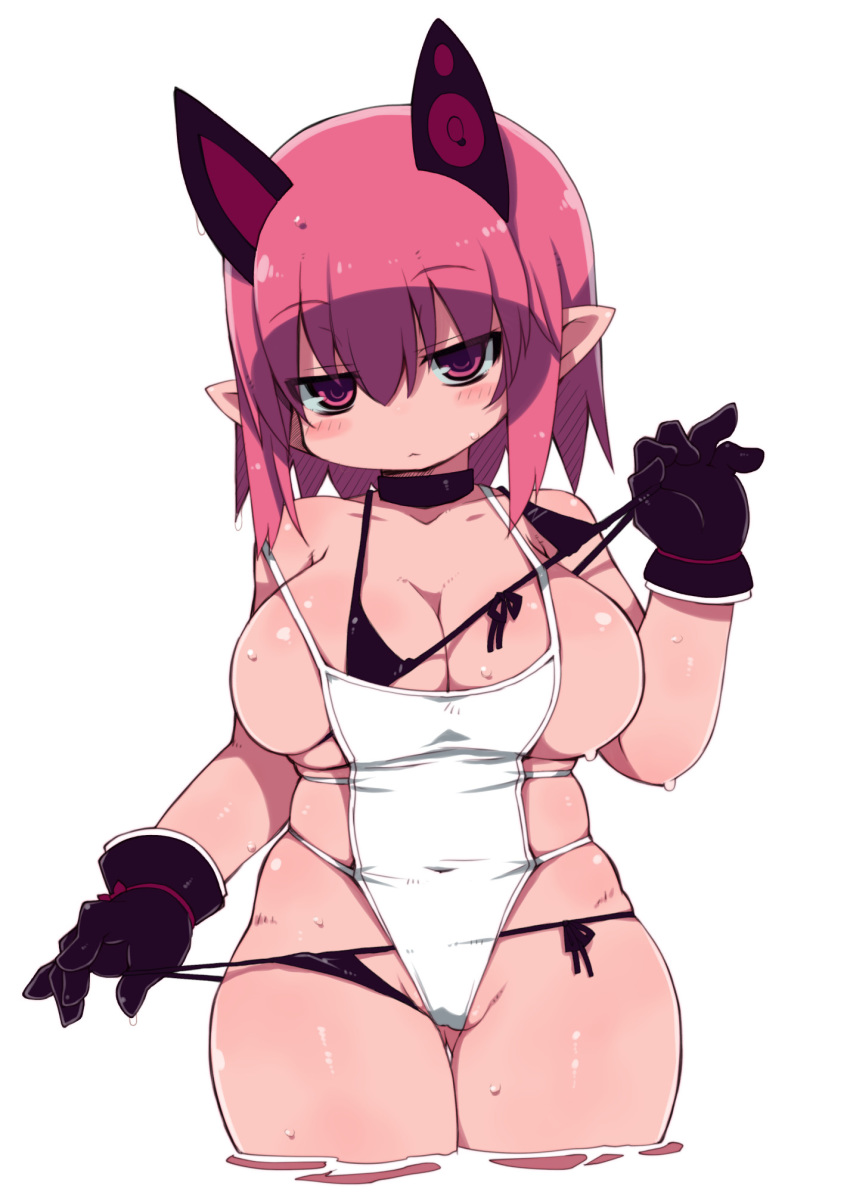 ass_visible_through_thighs bangs bikini bikini_pull black_bikini black_choker black_gloves blush breasts choker closed_mouth cowboy_shot deathlock-san eyebrows_visible_through_hair gloves hair_between_eyes hand_up headgear highres large_breasts looking_at_viewer one-piece_swimsuit original pink_hair pointy_ears pulled_by_self short_hair side-tie_bikini simple_background skindentation solo standing swimsuit thigh_gap wading wet white_background white_swimsuit zankuro