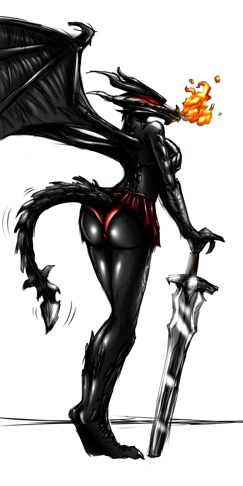 alduin anthro anthrofied black_scales bra breasts butt clothing crossgender dragon female fire hi_res melee_weapon membranous_wings metalfoxxx panties red_eyes scales simple_background skirt skyrim solo standing sword the_elder_scrolls underwear video_games weapon white_background wings
