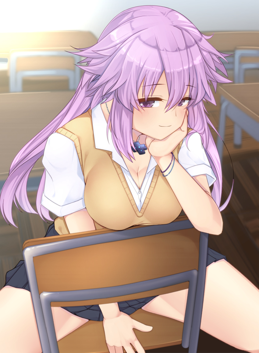 adult_neptune alternate_costume between_legs black_skirt blush breasts brown_vest chair cleavage collared_shirt commentary_request d-pad desk dura hair_between_eyes hand_between_legs hand_on_own_chin head_rest highres indoors jewelry long_hair looking_at_viewer medium_breasts necklace neptune_(series) purple_eyes purple_hair school_chair school_desk school_uniform shin_jigen_game_neptune_vii shirt short_sleeves sitting sitting_backwards skirt smile solo spread_legs vest white_shirt