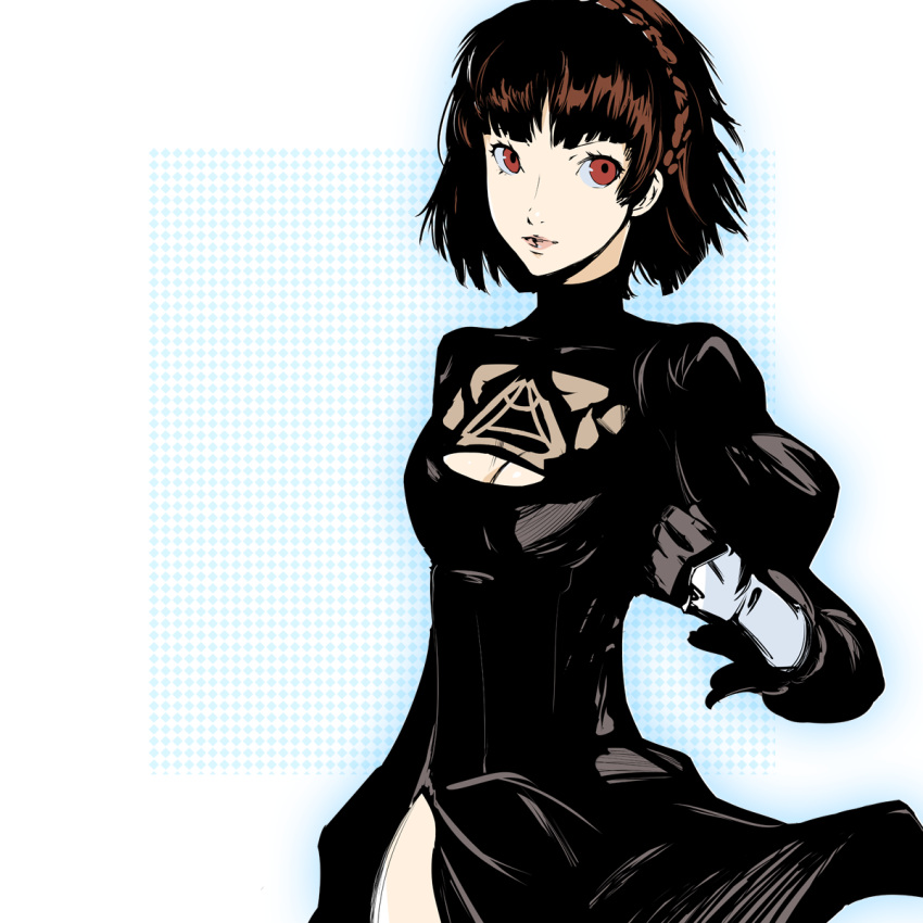 black_clothes black_gloves breasts brown_hair cleavage cleavage_cutout cosplay dh_(brink_of_memories) gloves highres limited_palette looking_at_viewer medium_breasts niijima_makoto persona persona_5 red_eyes shadow short_hair solo standing white_background yorha_no._2_type_b yorha_no._2_type_b_(cosplay)