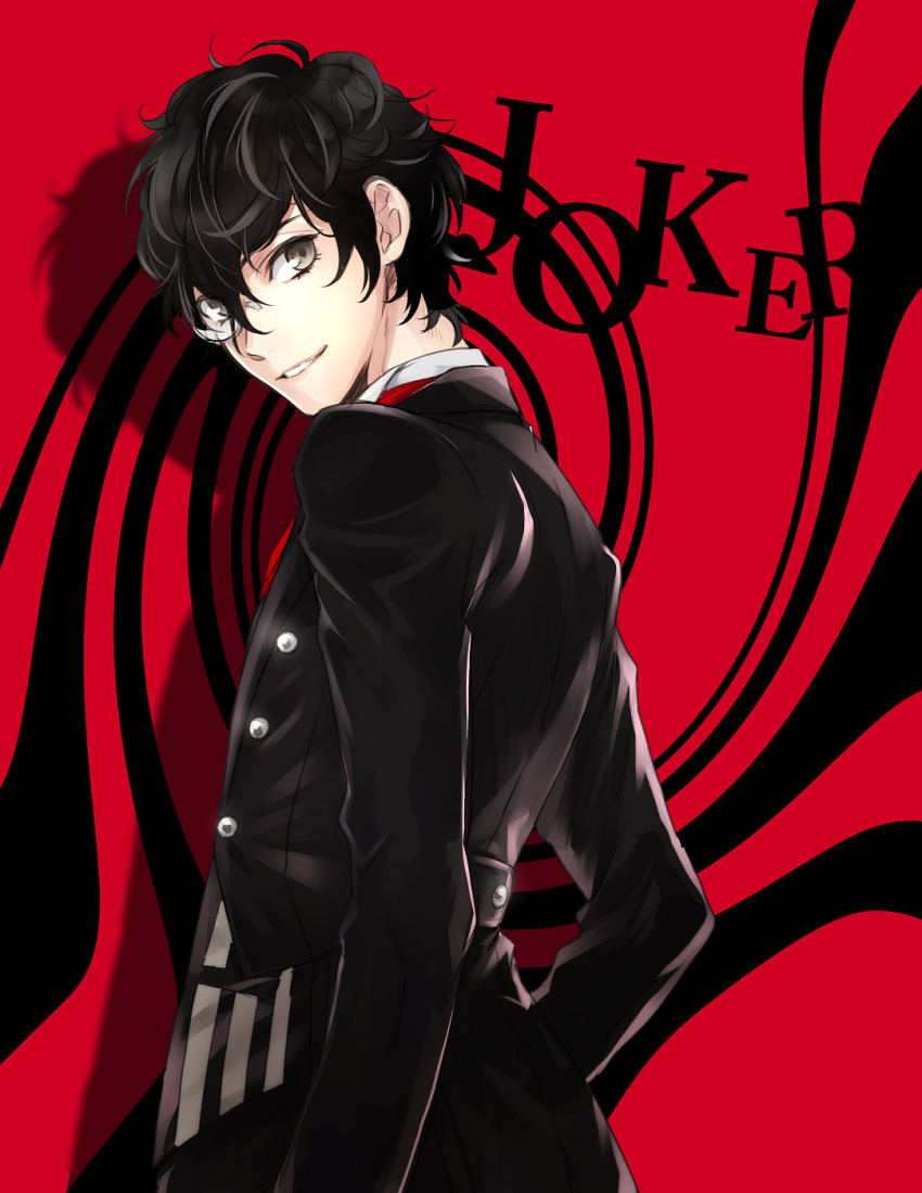 black_clothes black_hair grey_eyes head_tilt highres kujou_negita looking_at_viewer monocle parted_lips persona persona_5 red_background smile