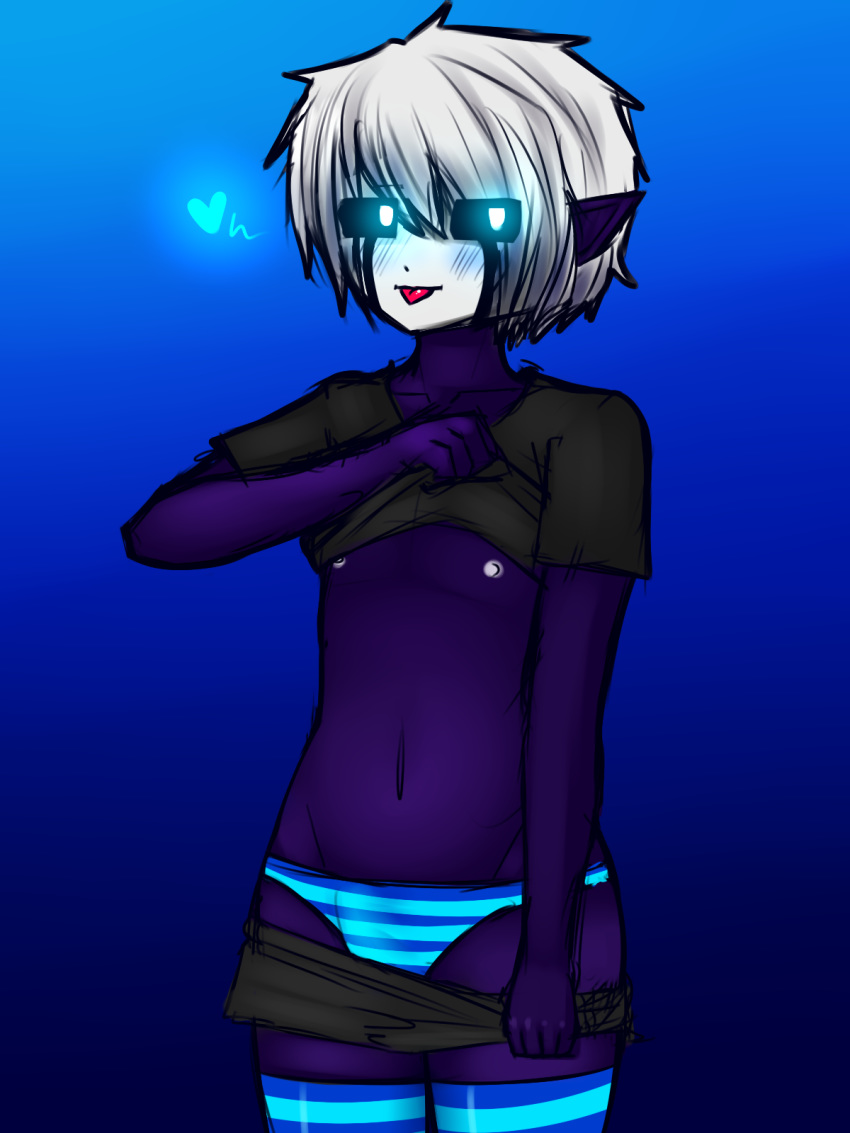 &lt;3 2018 black_skin blue_background blue_eyes blue_panties blush bulge clothed clothing dark_elf datfurrydude elf five_nights_at_candy's five_nights_at_freddy's girly glowing glowing_eyes gradient_background hair humanoid legwear male mask nipples not_furry panties pointy_ear puppet_(fnaf) purple_skin shirt simple_background solo_focus standing stockings striped_legwear striped_panties striped_stockings stripes tongue tongue_out underwear undressing video_games white_hair white_nipples