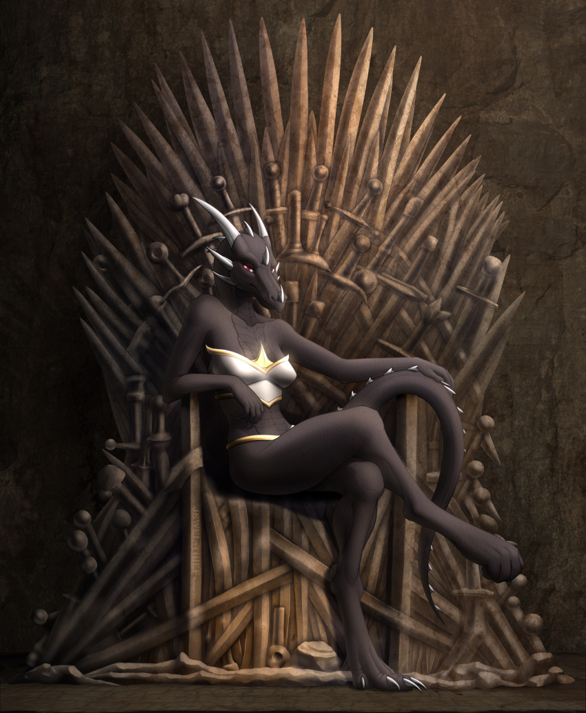 2015 4_toes 5_fingers anthro breasts claws clothed clothing digital_media_(artwork) digitigrade dragon female game_of_thrones horn iron_throne jewel-thief red_eyes solo spines standing toes