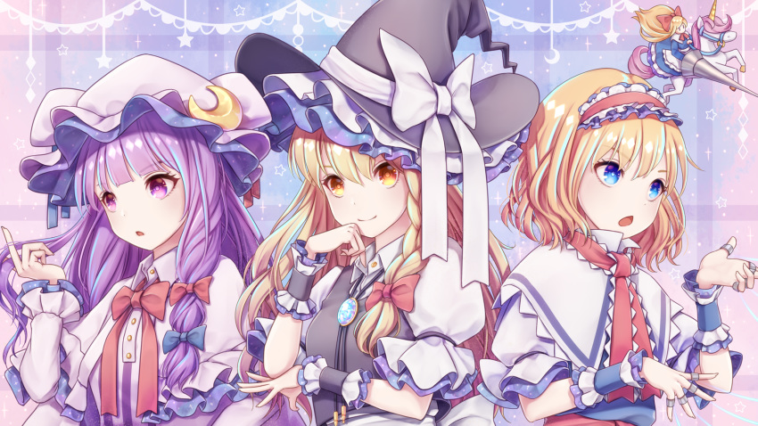 :o alice_margatroid apron bangs black_hat blonde_hair blue_dress blue_eyes blunt_bangs bow bowtie braid capelet commentary_request crescent crescent_hair_ornament dress dtvisu eyebrows_visible_through_hair frilled_hairband frills hair_bow hair_ornament hair_twirling hairband hat hat_bow highres holding holding_weapon jewelry kirisame_marisa lance lolita_hairband long_hair long_sleeves looking_at_viewer middle_finger mob_cap multiple_girls open_mouth parted_lips patchouli_knowledge pendant petticoat pink_hat polearm puffy_short_sleeves puffy_sleeves puppet_rings puppet_strings purple_dress purple_eyes purple_hair red_bow red_hairband red_neckwear red_sash sash shanghai_doll short_hair short_sleeves single_braid single_sidelock smile striped touhou unicorn upper_body vertical-striped_dress vertical_stripes waist_apron weapon white_apron white_bow white_capelet wing_collar witch_hat wrist_cuffs yellow_eyes
