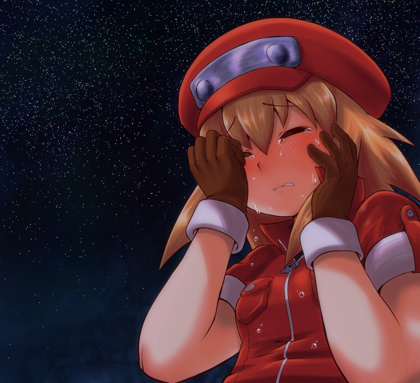 blonde_hair commentary_request crying gloves hat highres m.m night red_hat rockman rockman_dash roll roll_caskett sky star_(sky) starry_sky tears