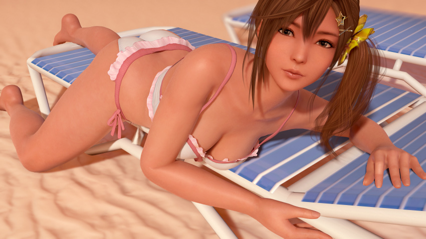 1girl 3d ass asymmetrical_hair beach bikini breasts brown_eyes brown_hair cleavage dead_or_alive female hair_ornament lips looking_at_viewer lying misaki_(doa) on_stomach ponytail posterior_cleavage radianteld side-tie_bikini side_ponytail solo star_hair_ornament swimsuit thighs tied_hair x_hair_ornament xps