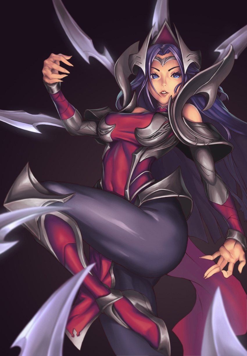 armor armored_boots ass bangs bare_shoulders black_background black_legwear blade blue_eyes blue_hair boots breasts commentary covered_navel forehead_protector highres irelia league_of_legends leg_up lips long_hair medium_breasts off_shoulder parted_bangs parted_lips pelvic_curtain platinum_disco simple_background solo