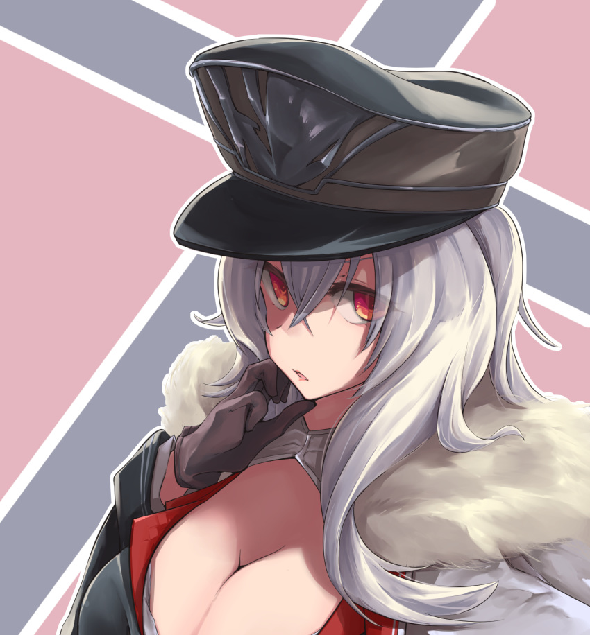 azur_lane black_gloves breasts cleavage eyebrows_visible_through_hair eyes_visible_through_hair fur_trim gloves graf_zeppelin_(azur_lane) hair_between_eyes hand_on_own_face hat highres iron_cross kaede_momiji large_breasts long_hair looking_at_viewer military military_uniform parted_lips peaked_cap red_eyes silver_hair solo uniform upper_body