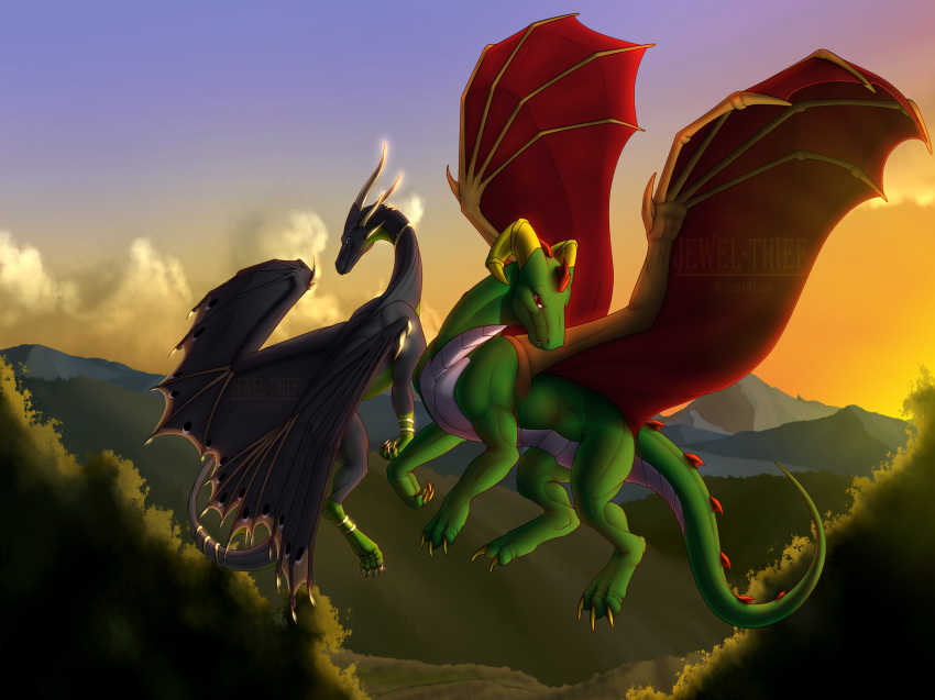 2016 claws day detailed_background digital_media_(artwork) dragon duo female feral flying horn jewel-thief male membranous_wings outside scalie sky spines spread_wings western_dragon wings