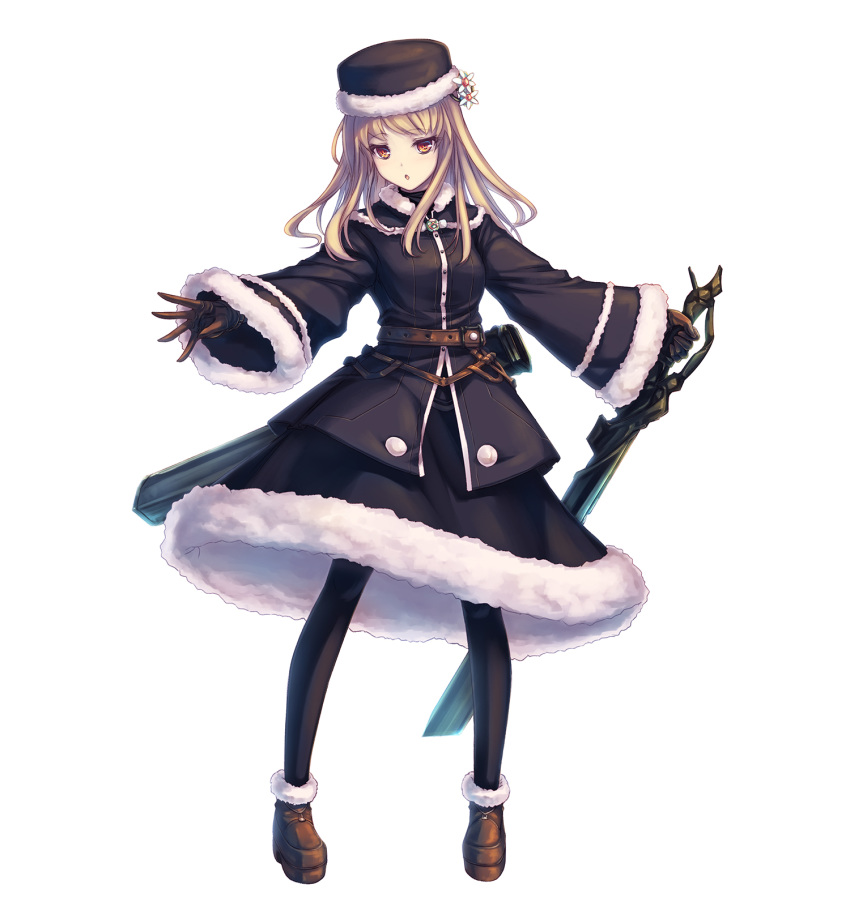 bangs black_hat black_legwear black_skirt blonde_hair boots brown_eyes brown_footwear brown_gloves eyebrows_visible_through_hair floating_hair flower full_body fur_trim gloves hair_flower hair_ornament hat highres holding holding_sword holding_weapon long_hair open_mouth original outstretched_arms pantyhose simple_background skirt solo sword tenmaso weapon white_background white_flower winter_clothes