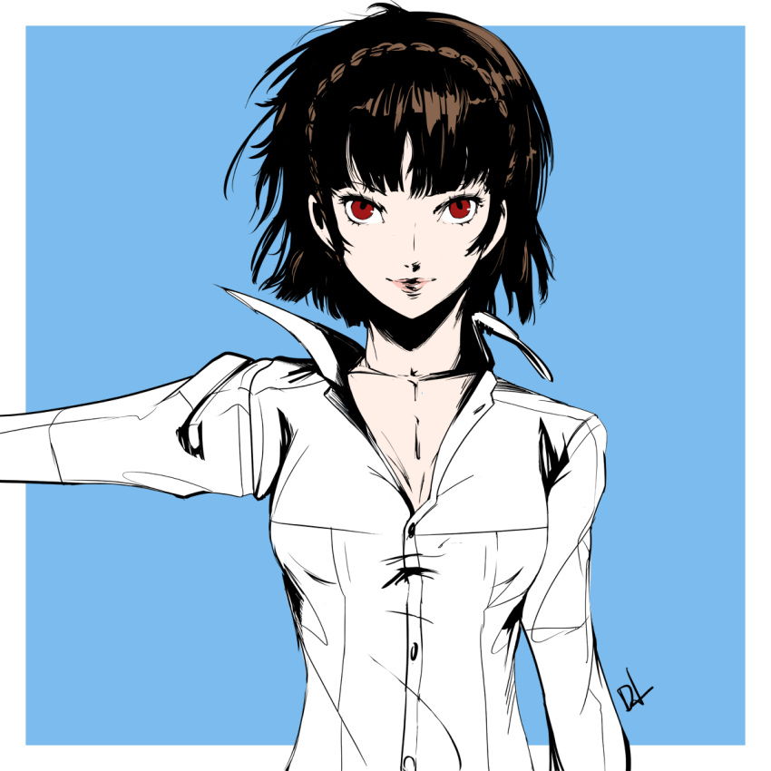 blue_background breasts brown_hair cleavage collarbone dh_(brink_of_memories) dress_shirt highres looking_at_viewer medium_breasts niijima_makoto outstretched_arm persona persona_5 red_eyes shirt short_hair sketch smile solo upper_body white_shirt