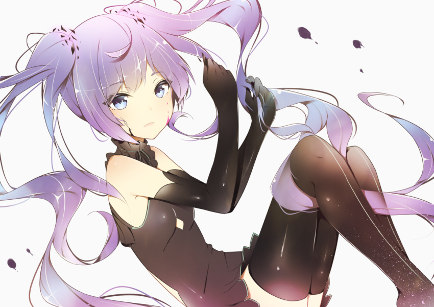 black_dress black_gloves black_legwear blue_eyes blue_hair breasts choker dress elbow_gloves eyebrows_visible_through_hair floating_hair ghost_rule_(vocaloid) giryu gloves hatsune_miku long_hair looking_at_viewer parted_lips shiny shiny_clothes shiny_hair short_dress simple_background sleeveless sleeveless_dress small_breasts solo thighhighs twintails very_long_hair vocaloid white_background