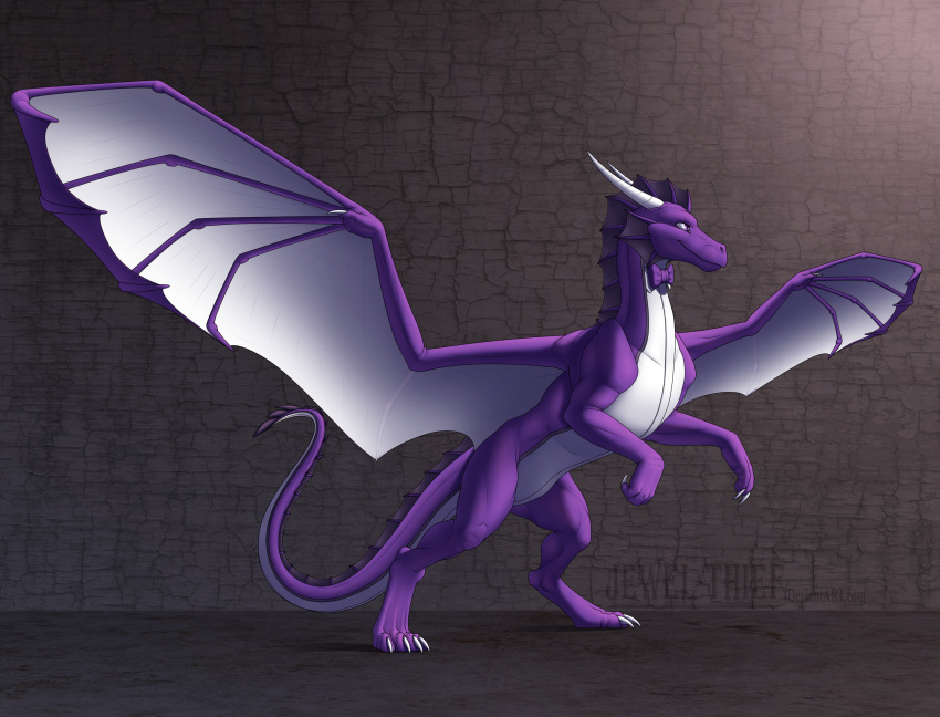 2016 claws digital_media_(artwork) dragon feral horn jewel-thief membranous_wings purple_eyes purple_skin scalie simple_background smile solo spines western_dragon wings