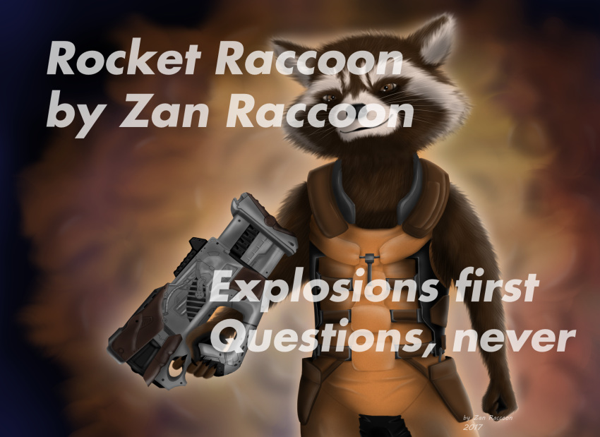 anthro brown_fur clothed clothing distracting_watermark fur guardians_of_the_galaxy holding_object holding_weapon male mammal marvel nerf_gun procyonid raccoon rocket_raccoon rocketraccoon solo watermark weapon