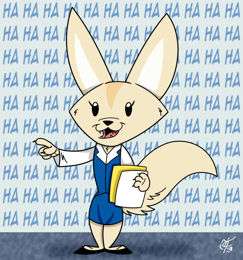 2018 aggressive_retsuko anthro canine clothed clothing digital_media_(artwork) female fennec fenneko fox laugh mammal sanrio solo unclescooter