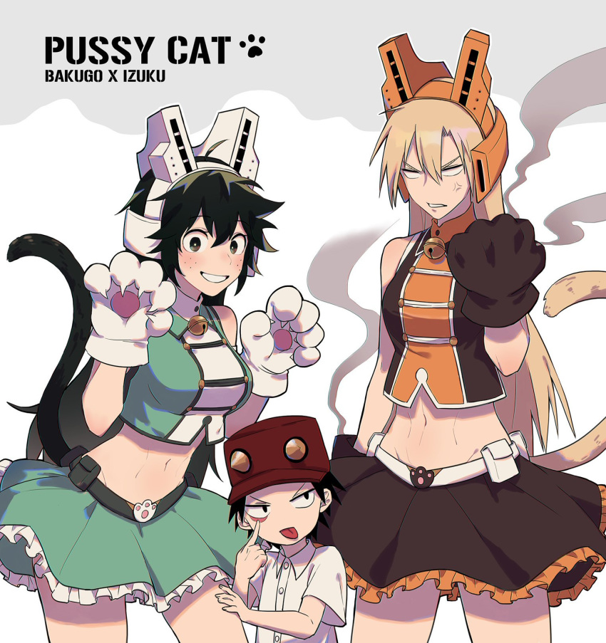 2girls akanbe alternate_costume anger_vein angry bakugou_katsuki bell bell_choker belt blowing_raspberry blush boku_no_hero_academia breasts cat_paws cat_tail character_name choker commentary_request cosplay english freckles genderswap genderswap_(mtf) green_hair hat highres izumi_kouta liyuchen1126 medium_breasts midoriya_izuku midriff multiple_girls paws skirt sleeveless smile smoke spiked_hair tail toned tongue tongue_out