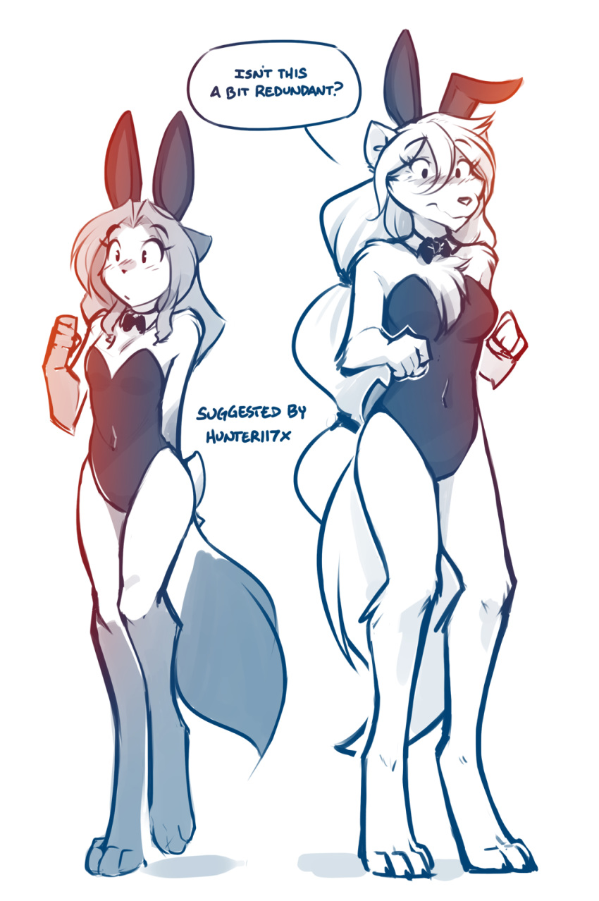 2018 anthro barefoot blush bow_tie breasts bunny_costume canine chest_tuft cleavage clothed clothing confusion costume dialogue digitigrade duo embarrassed english_text fake_ears fake_rabbit_ears female fox gloves_(marking) hi_res keidran laura_(twokinds) mammal markings monochrome navel raine_(twokinds) simple_background sketch skimpy small_breasts socks_(marking) text tom_fischbach tuft twokinds webcomic white_background wolf