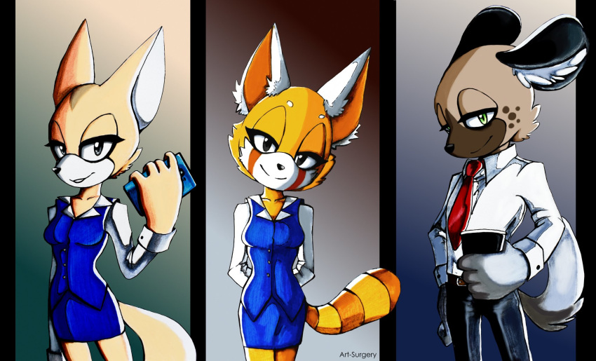 2018 aggressive_retsuko anthro art-surgery canine clothed clothing digital_media_(artwork) female fennec fenneko fox fur haida hi_res hyena male mammal red_panda retsuko sanrio simple_background