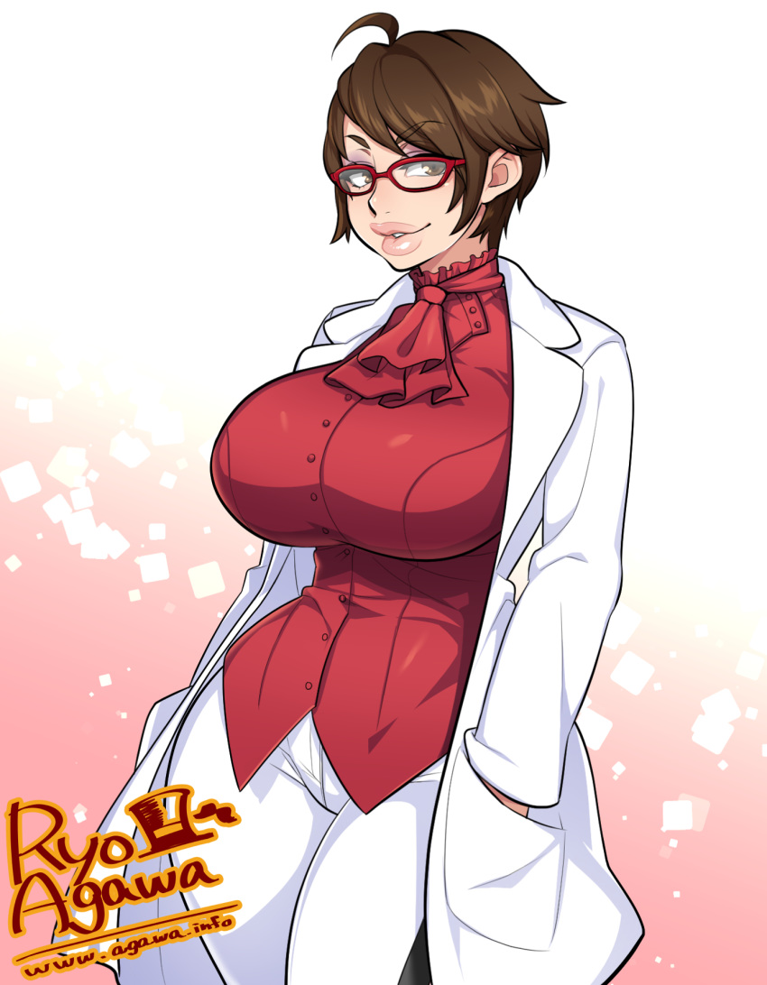 agawa_ryou breasts brown_eyes brown_hair cowlick cravat glasses hands_in_pockets labcoat large_breasts makeup plump_lips short_hair smile solo wide_hips