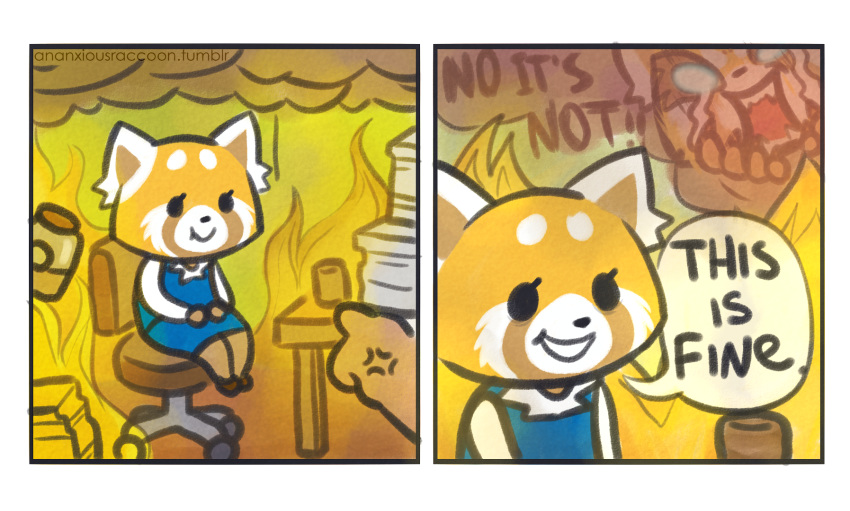 aggressive_retsuko ananxiousraccoon dialogue english_text fire glowing glowing_eyes mammal meme red_panda retsuko smoke text