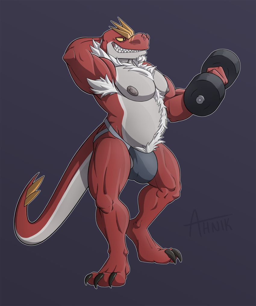 2018 3_toes ahnik anthro anthrofied armpit_hair beard black_claws body_hair bulge chest_hair claws clothed clothing crest dumbbell facial_hair jockstrap male muscular nintendo nipples pecs pok&eacute;mon pok&eacute;mon_(species) pok&eacute;morph red_scales reptile scales scalie signature skimpy toes topless tyrantrum underwear video_games weights yellow_sclera