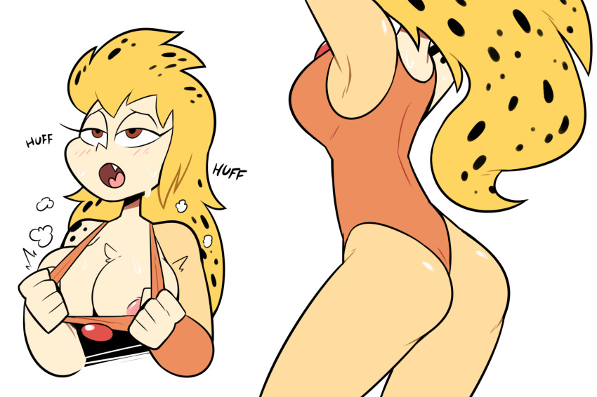 2018 5_fingers anthro bedroom_eyes blonde_hair blush breasts brown_eyes cheetah cheetara cleavage clothed clothing collage digital_media_(artwork) fangs feline female fur hair half-closed_eyes horny_(disambiguation) leotard mammal miscon nipple_slip nipples open_mouth panting pose raised_arm rear_view seductive simple_background solo spotted_hair standing tan_fur thundercats undressing white_background