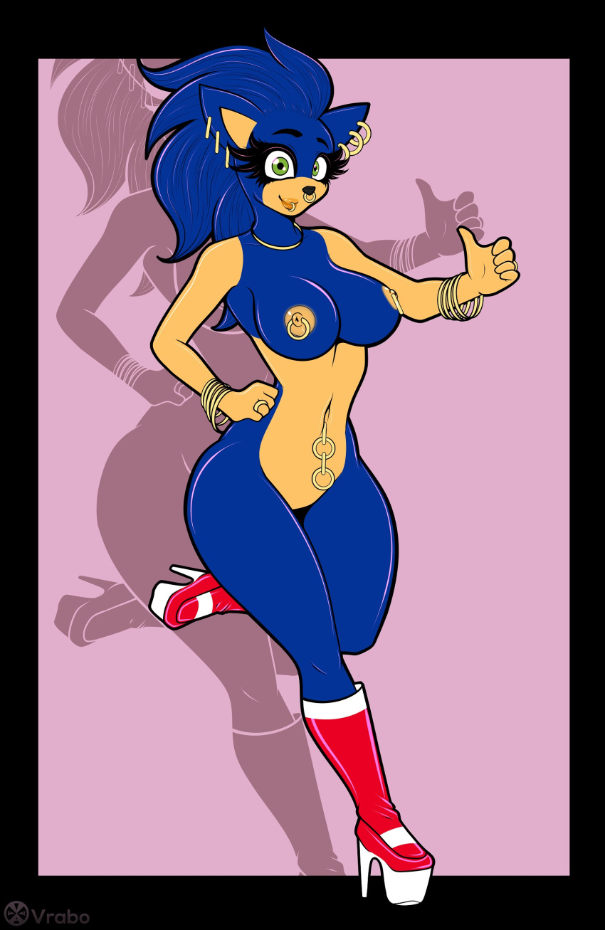 2018 anthro big_breasts boots breasts clothing crossgender female footwear green_eyes hedgehog looking_at_viewer mammal nude piercing ring smile solo sonic_(series) sonic_the_hedgehog standing thumbs_up video_games vrabo